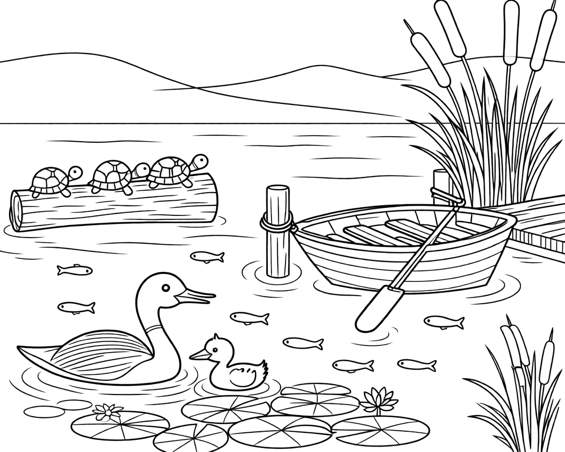 [Lakeside] A loon and her chick float peacefully near a patch of lily pads on a quiet lake. Turtles bask on a half-submerged log while minnows dart through the shallows. A small wooden rowboat rests beside the dock, tied to a post near a cluster of cattails. The lake glows pink and gold as the sun rises slowly over the distant hills.