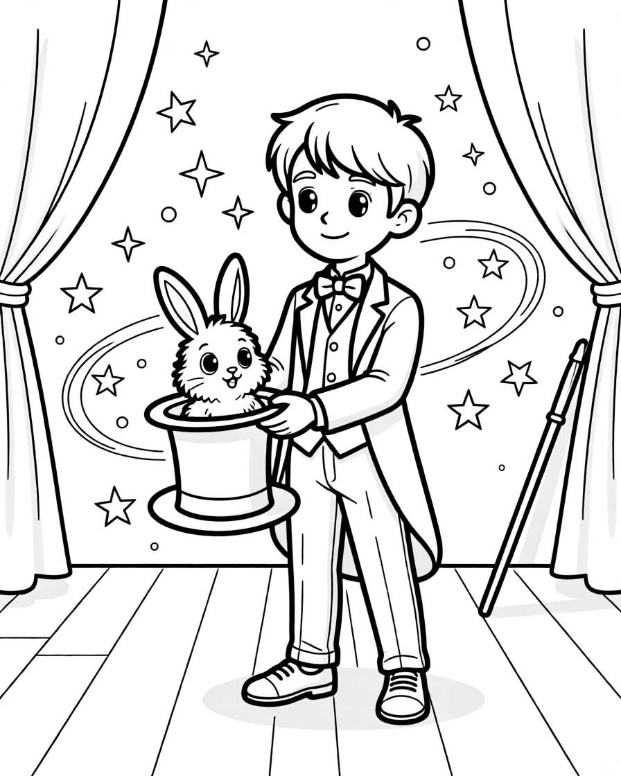 A magician pulls a rabbit out of a top hat on a stage full of sparkles.