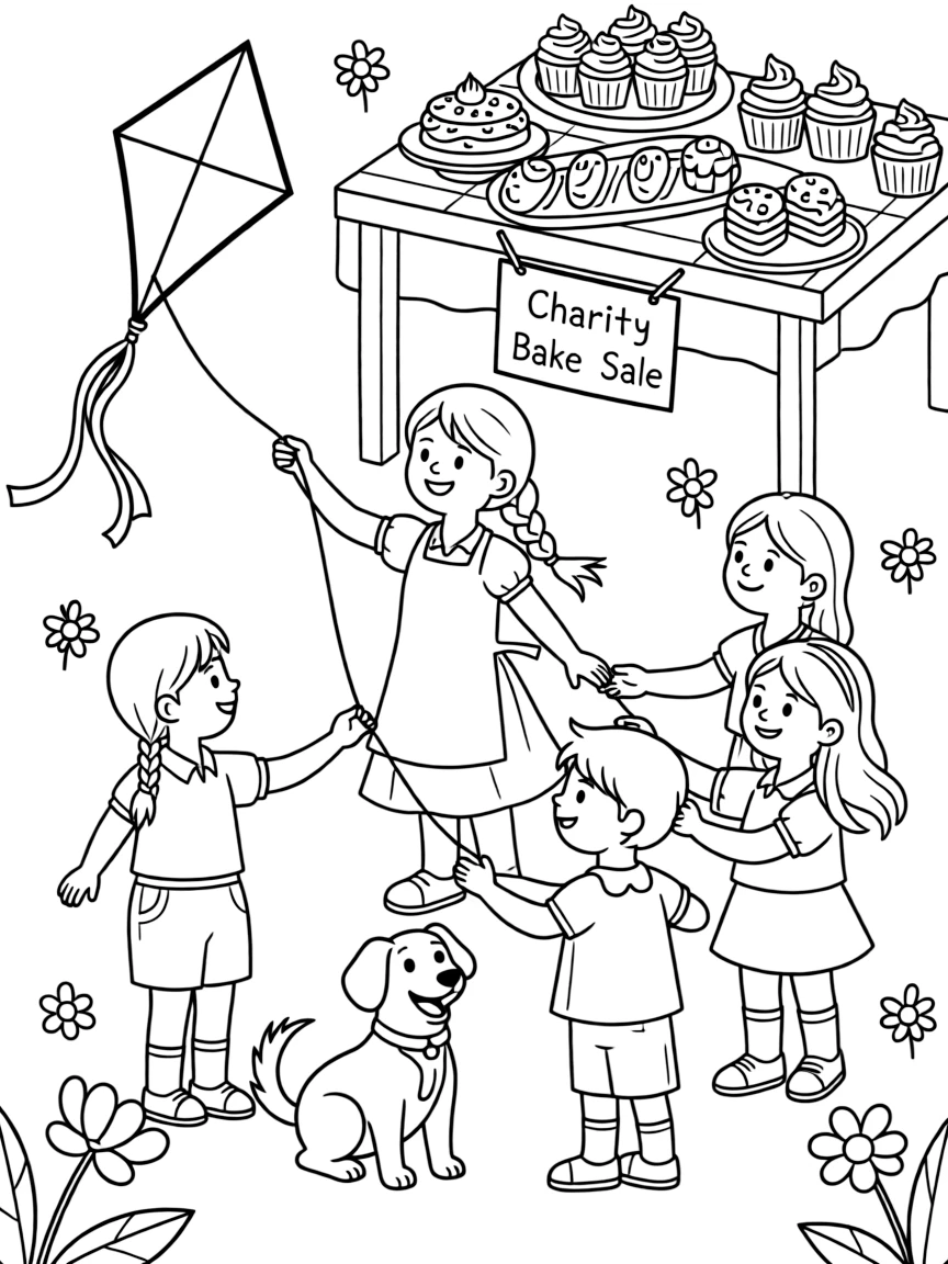 A girl with braids flying a kite with new friends at a charity bake sale while a friendly dog wags its tail.
