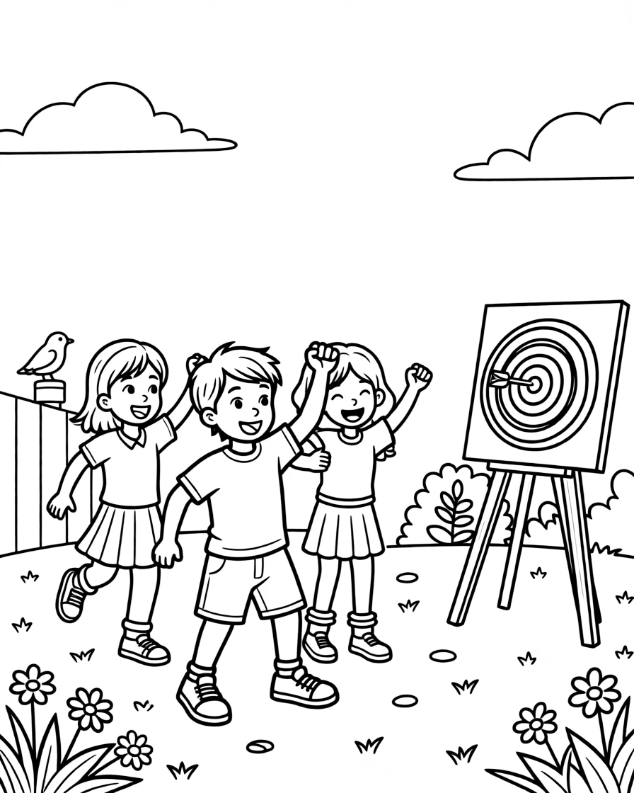 A team of neighborhood kids, celebrating a perfect shot with a fist pump beside a target board.