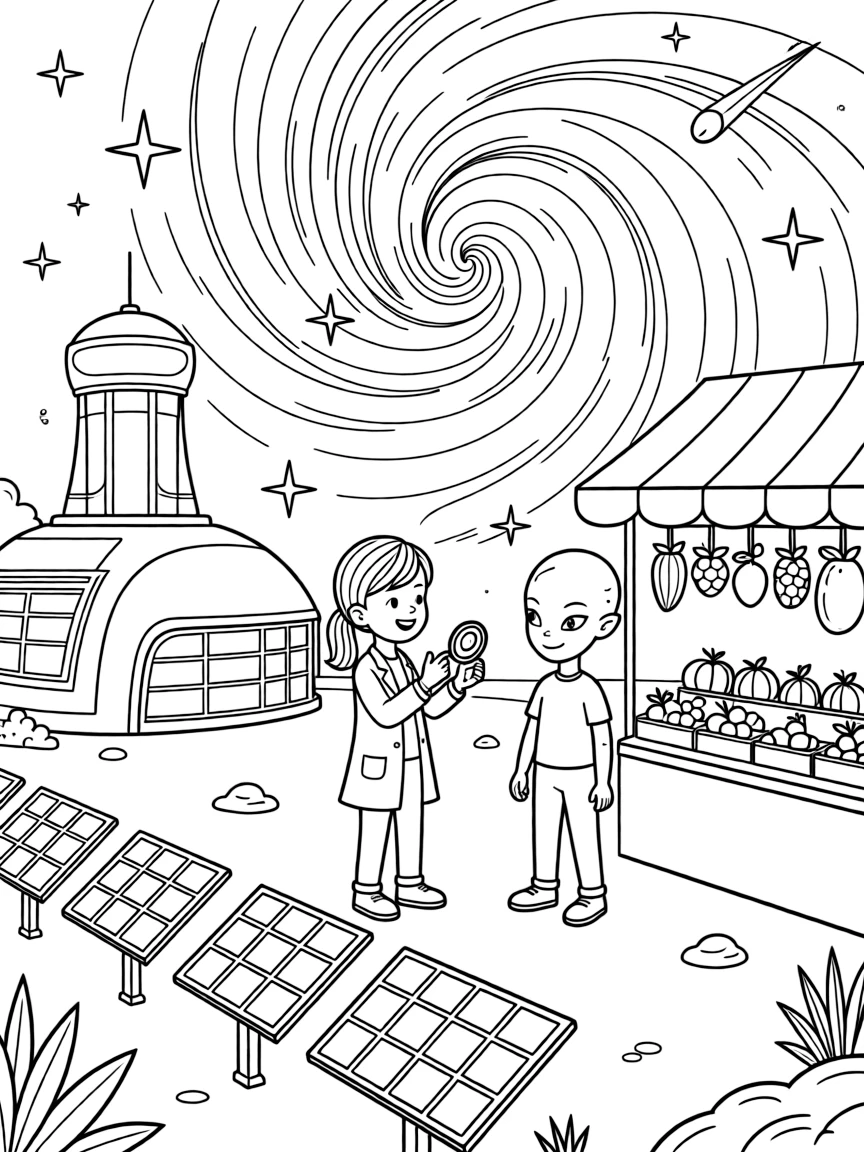 Inventor kid Zinnia testing a translator earpiece showing a new alien student around the space academy near a research base at the edge of a swirling nebula, surrounded by a row of solar panels catching the sunset and a busy market stall selling glowing fruit.