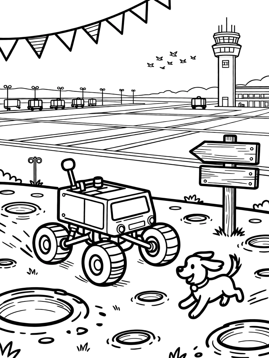 A coloring page featuring a bouncy lunar rover crossing a field of craters, traveling through a busy airport runway with a control tower in the distance, with a friendly dog with its ears flapping in the wind and an old wooden signpost pointing to faraway towns and a string of triangle pennant flags overhead filling the scene.