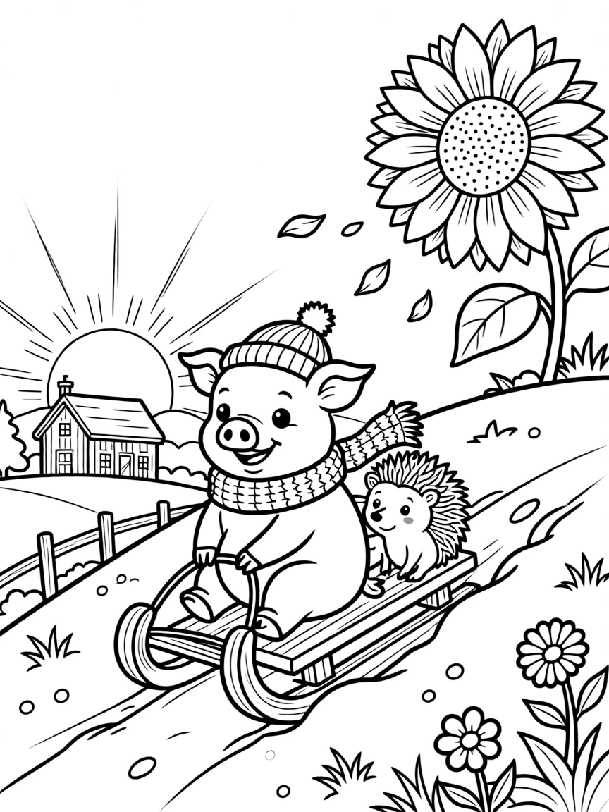 A piglet sledding down a snowy hill with a porcupine on a farm at sunrise, near a giant sunflower, while a gentle breeze scatters flower petals.