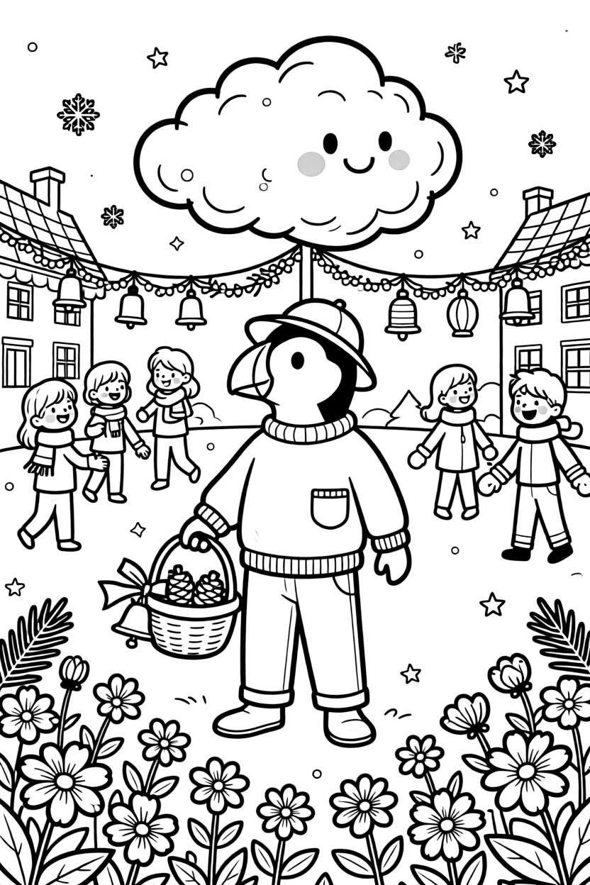 In a garden where the flowers hum little tunes, a gentle-hearted puffin fisherman discovers the joy of decorating the town square for a winter celebration, while a cloud shaped like a giant marshmallow watches happily nearby. Everyone is laughing and having the best time.