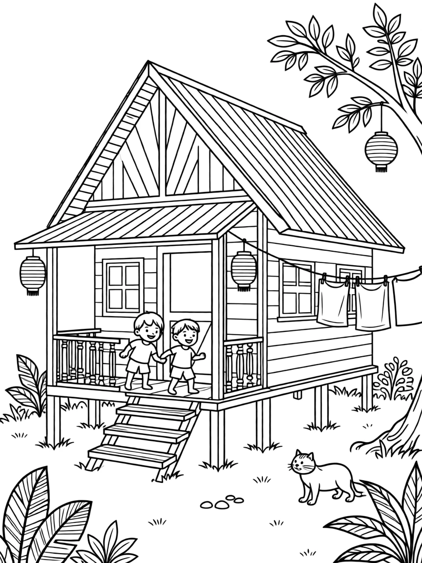 A coloring page featuring a traditional wooden kampung house raised on stilts in Malaysia, with children playing just outside the door and laundry or lanterns strung nearby.