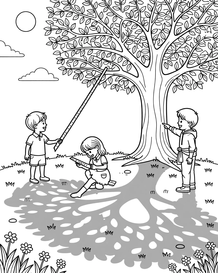 a proud group of three kids measures the shadow of a tree with a tape measure at different times of day.