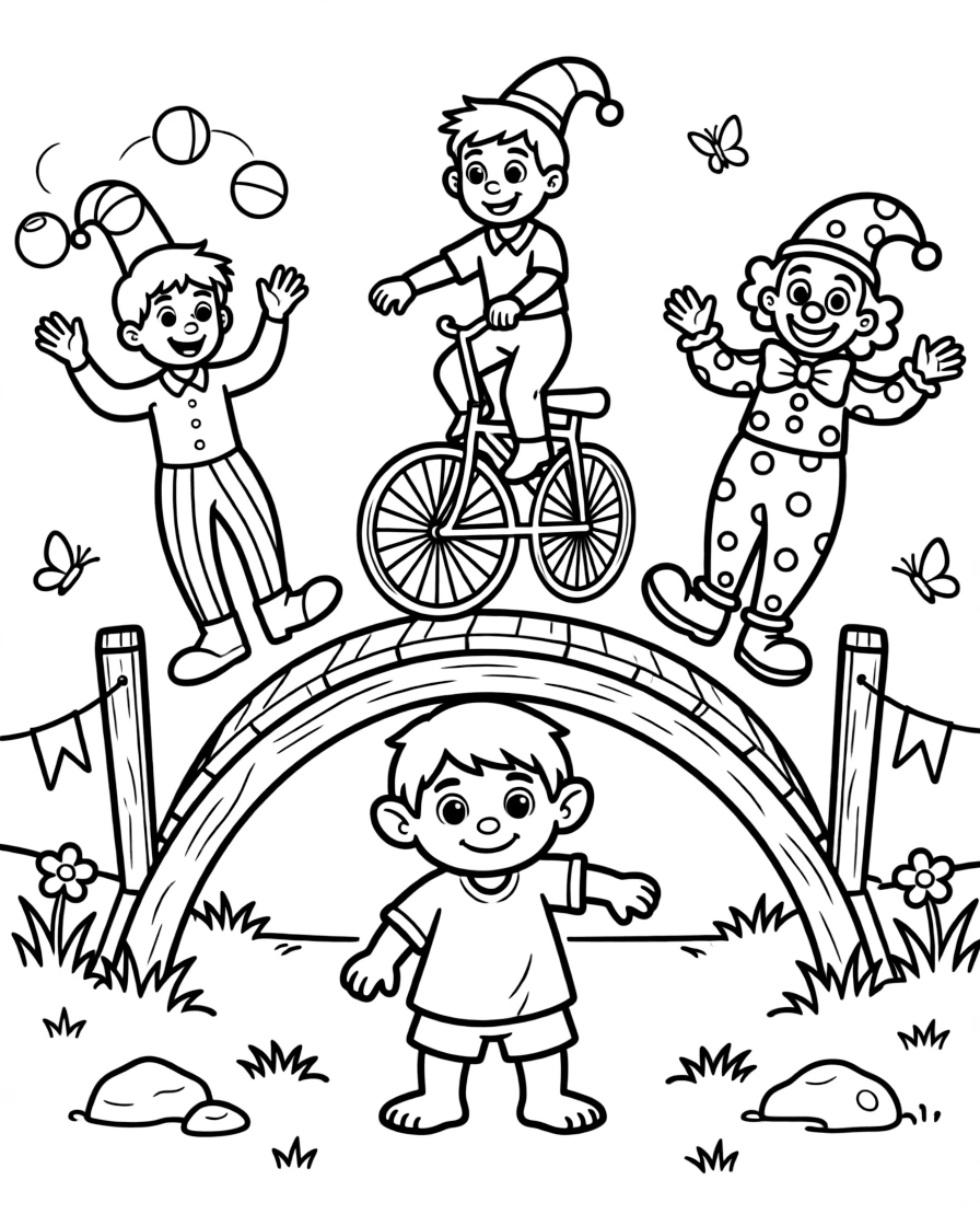 A curious young troll peeks out from under his bridge to watch a parade of traveling circus performers cross overhead.