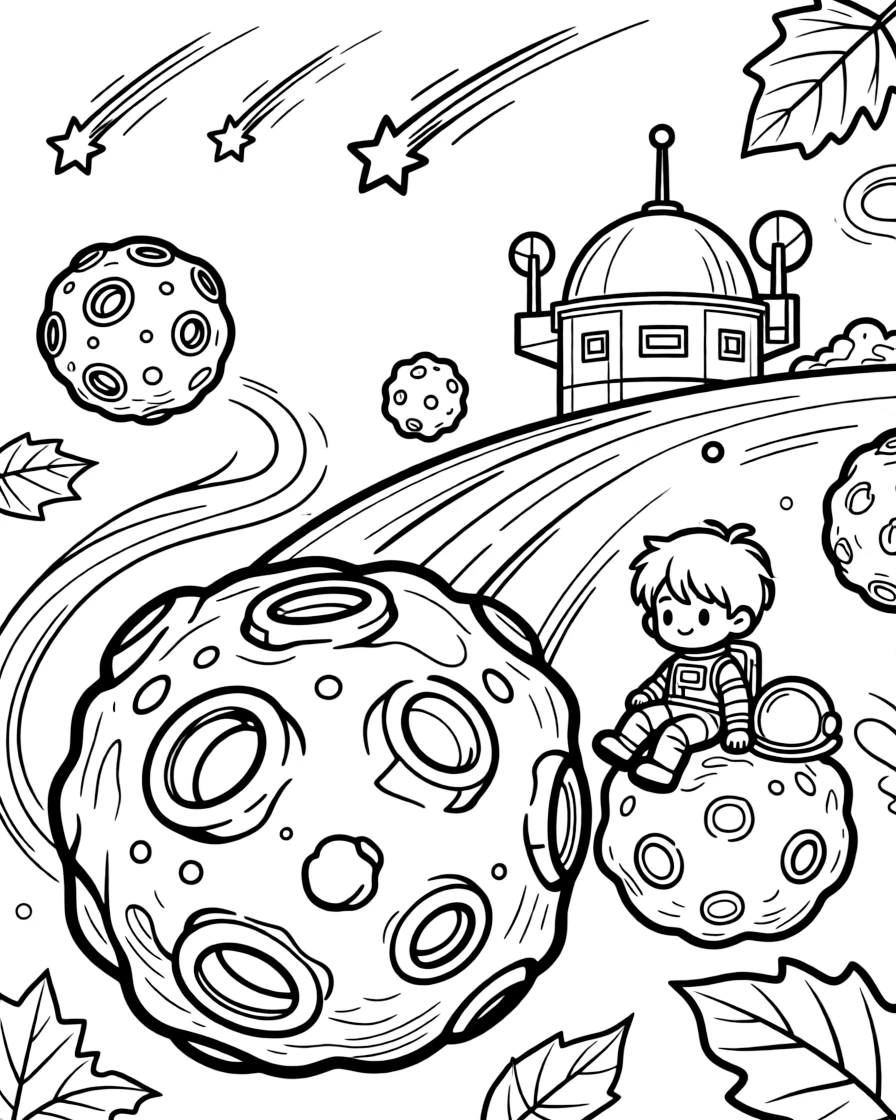 [Outer Space] A dynamic scene shows a rocky asteroid field tumbling gently through space beside a distant space station, letting out a triumphant roar. Close by, shooting stars streak across the darkness. Craters and rings add fun texture. The moment unfolds during a bright summer day, with autumn leaves swirling in the wind, filled with energetic detail perfect for a young colorist.