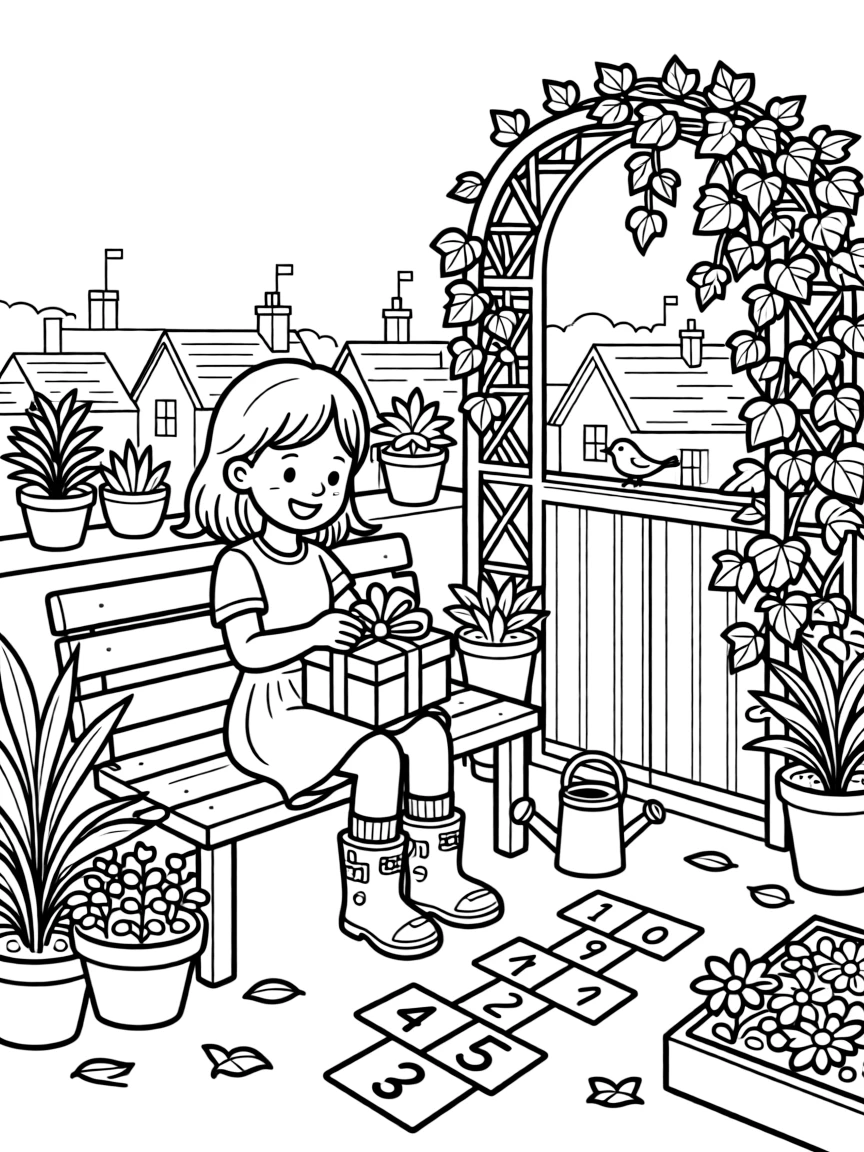 A girl in colorful rain boots is wrapping a present with ribbon and a big bow on a rooftop garden overlooking a small town. All around, a garden gate covered in climbing ivy and a hopscotch grid chalked onto the pavement complete the joyful scene.