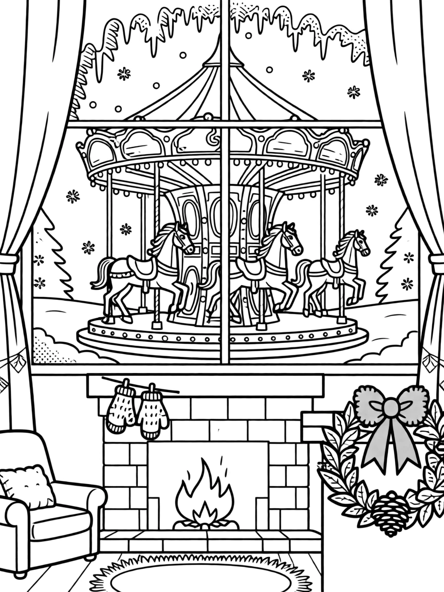 A carousel glowing with lights in a snowy square in a warmly lit living room with frost on the windows, with a pair of mittens drying by the fire and a wreath tied with a red ribbon nearby.