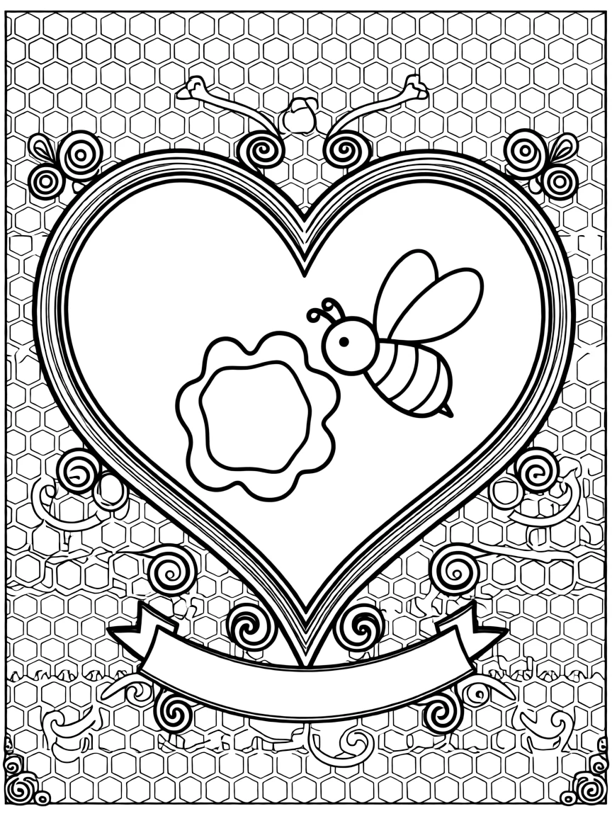 Insects & Bugs: The page presents a small themed scene built around a honeybee hovering beside a honeycomb cell, tied together by a heart-shaped mandala framed by soft curling loops. The scene is placed in the center of a small symmetrical scene, with matching background details balanced evenly on both sides. Decorative details fill the surrounding space, including a field of tiny honeycomb cells, delicate lace-edged fringes, and loops shaped like small bows woven throughout the background. A playful extra touch completes the page: a little blank banner tucked into the design, ready for a name to be added.