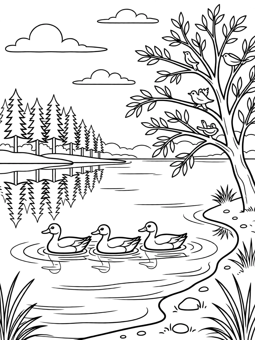 [Lakeside] A family of ducks paddles in a neat line across a calm, glassy lake at sunrise. Songbirds flit between branches of a tree leaning over the water's edge. Pine trees line the far shore, their reflections rippling across the still water. A gentle breeze ripples the surface under a sky scattered with fluffy clouds.