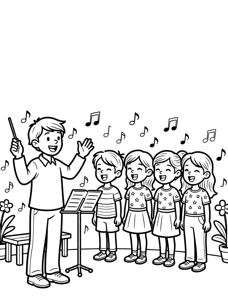 A choir director waves a baton in front of a group of singing children.