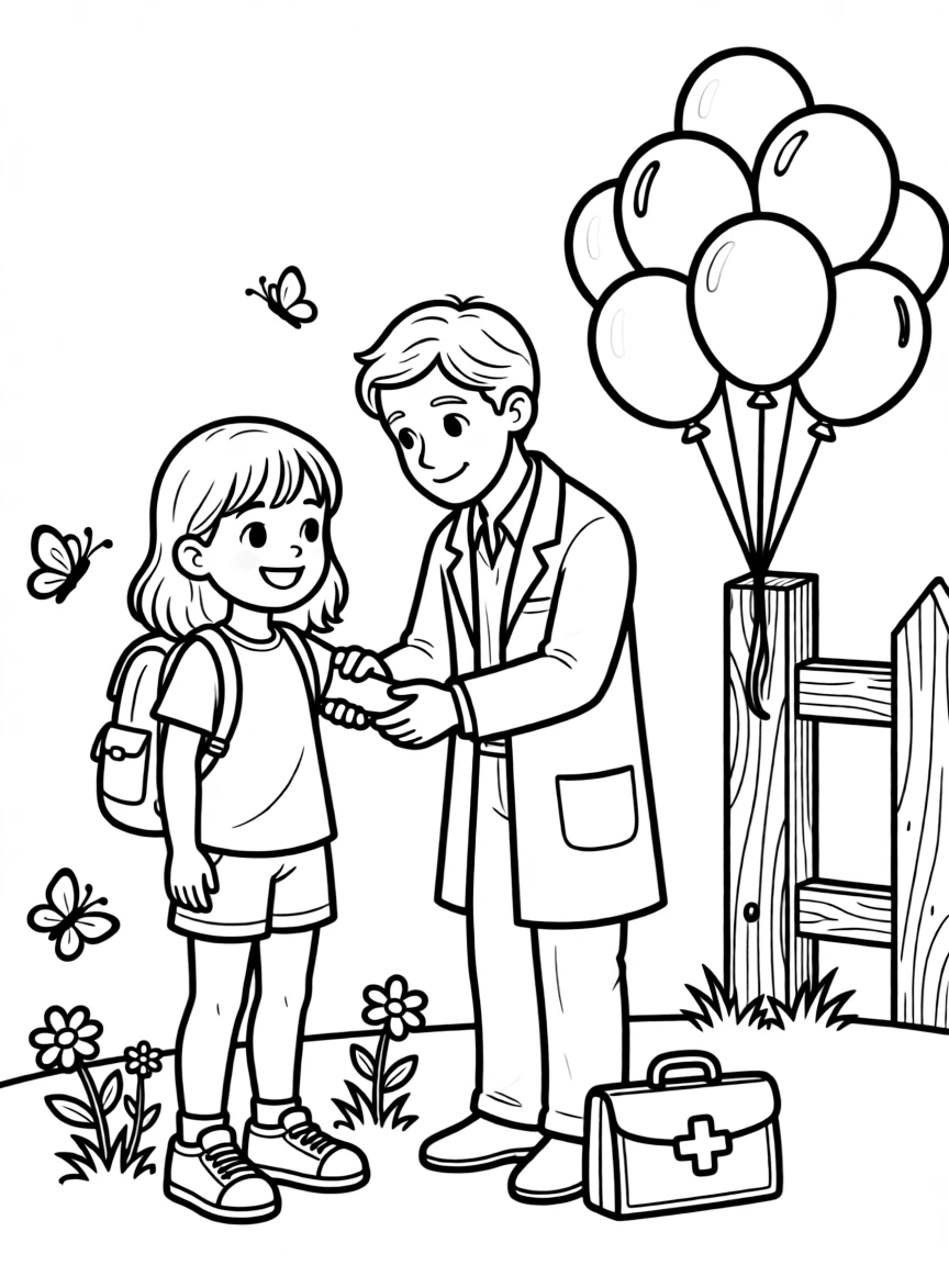 A girl with a backpack getting a friendly checkup from a doctor with balloons tied to a fence post.