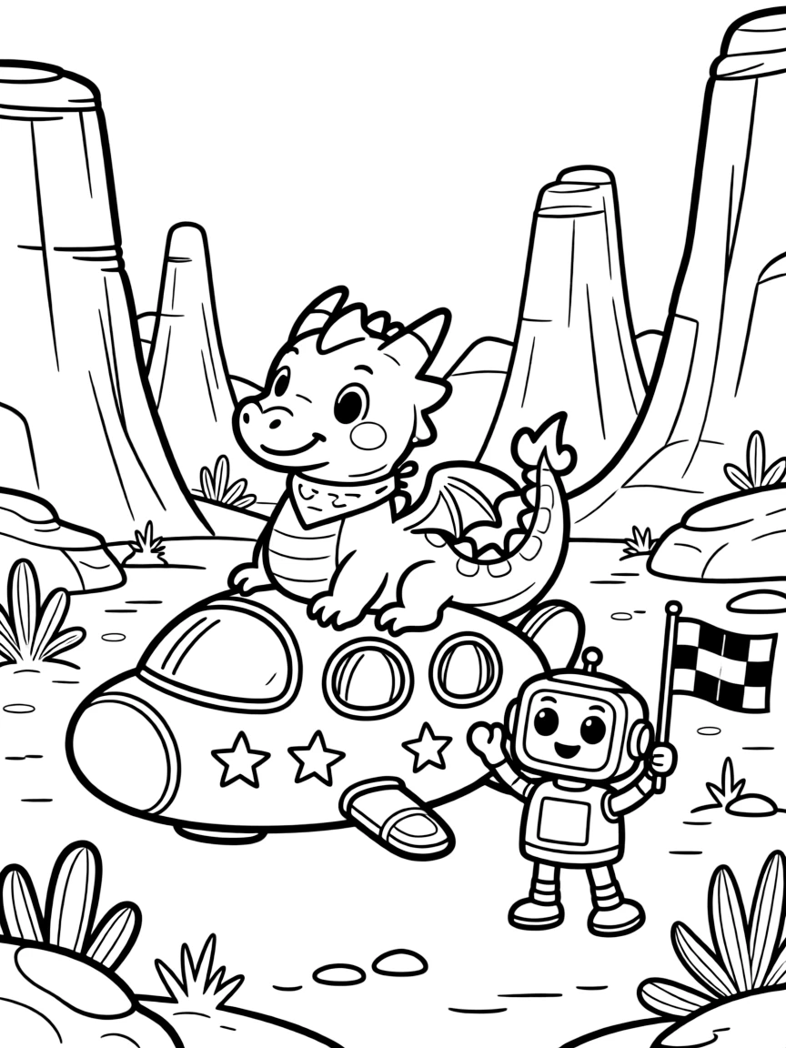 In a red desert planet with towering rock canyons, Sprig, a friendly space dragon with soft scales decorating a spaceship for an intergalactic festival, while a friendly robot waving a checkered flag adds to the excitement.