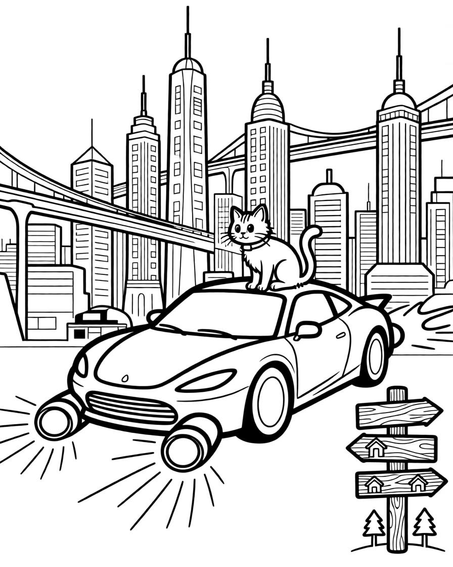 The scene captures a sleek flying car with glowing thruster lights in the middle of a gleaming futuristic city skyline with towers and skywalks, with a curious cat perched on the hood nearby and an old wooden signpost pointing to faraway towns sprinkled around for extra fun.