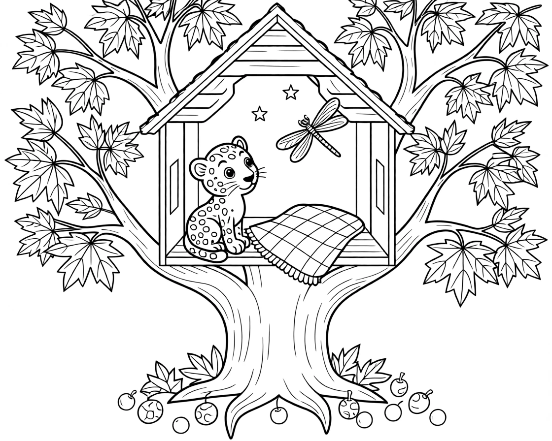 A dragonfly stargazing on a blanket with a snow leopard cub in a treehouse among the branches, near a maple tree in autumn colors, with ripe berries scattered on the ground.
