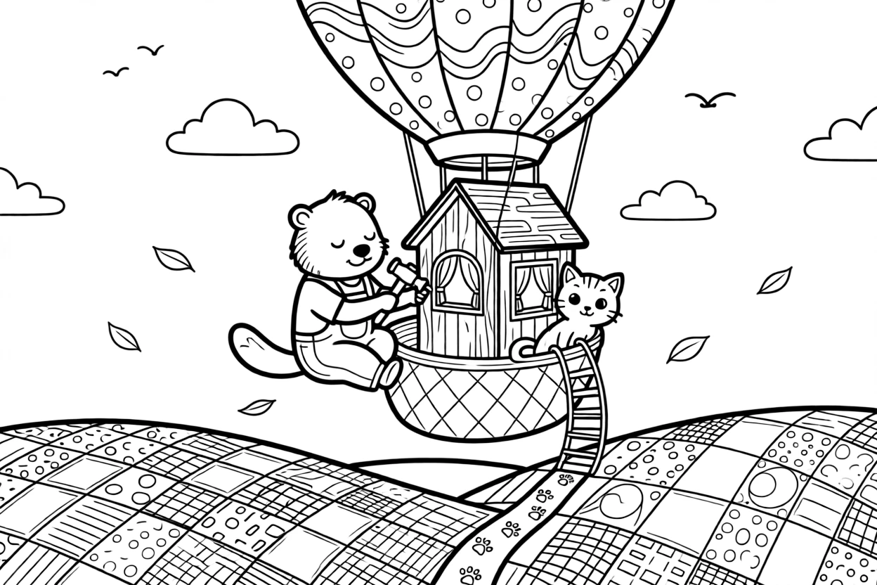 A sleepy beaver architect is building a treehouse with hammer and nails on a hot air balloon ride over a patchwork valley, joined by a curious kitten peeking out from a basket and a trail of paw prints leading into the distance. It's a perfectly wonderful, magical moment.