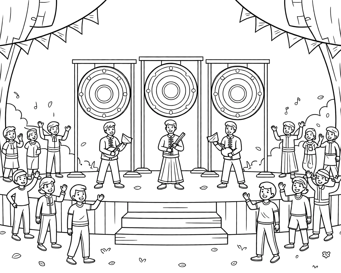 A coloring page capturing musicians playing a set of tall standing gongs at a festival from Malaysia, set on an outdoor stage with cheerful onlookers waving and swaying along.