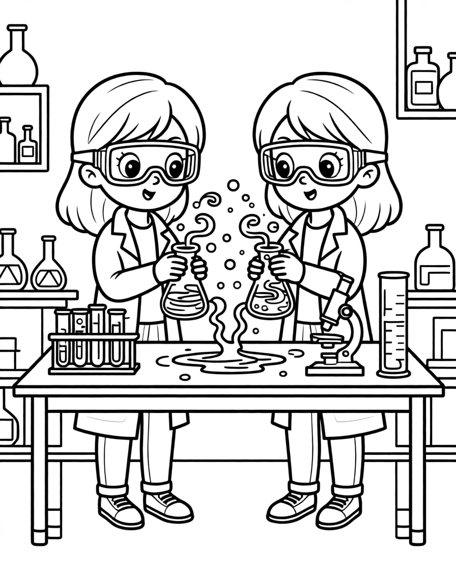 mischievous twin sisters in safety goggles mixes bright liquids in beakers, watching them swirl into a new color.