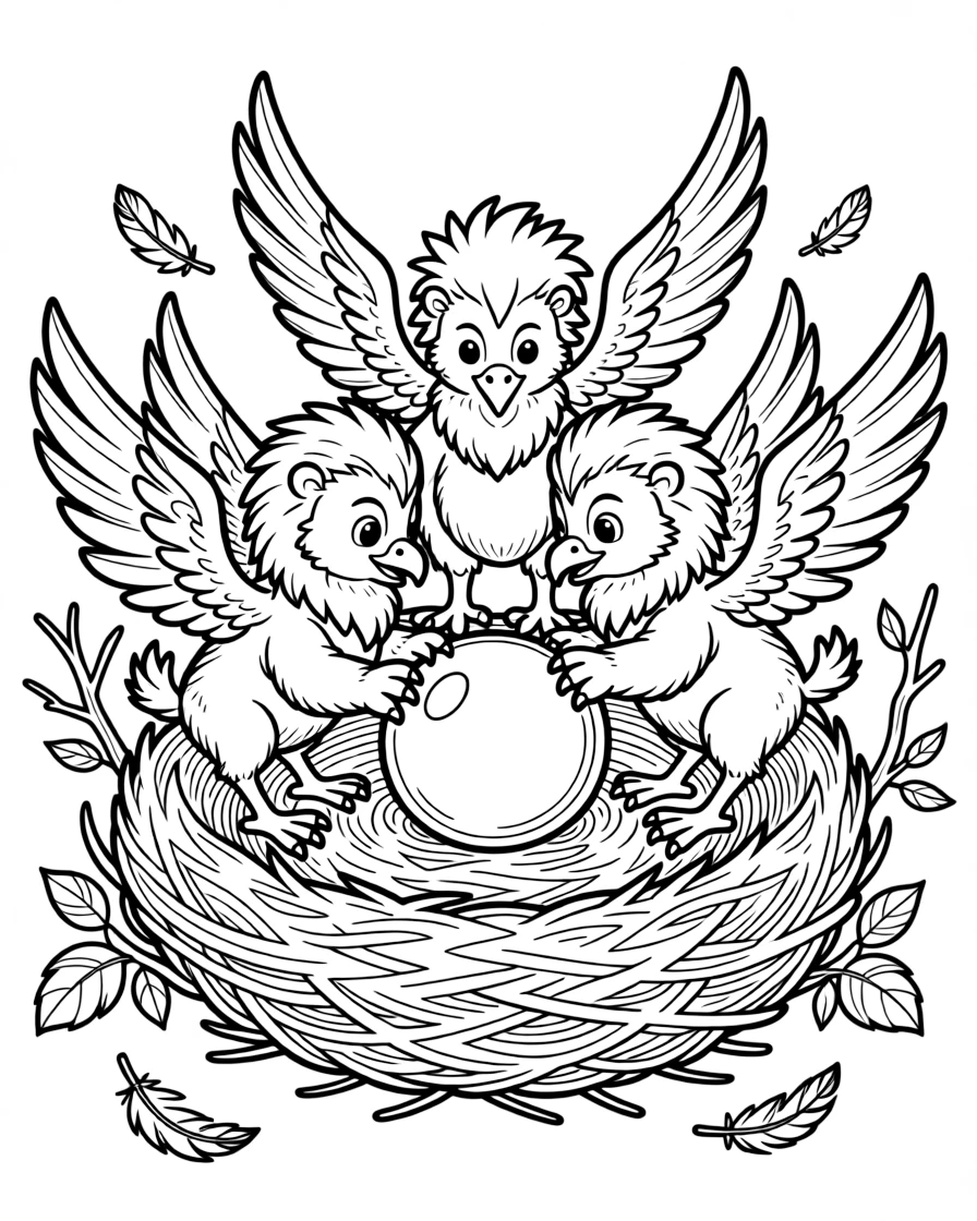 A nest of griffin chicks squabble over a shiny pebble, tumbling over each other in a pile of soft feathers.