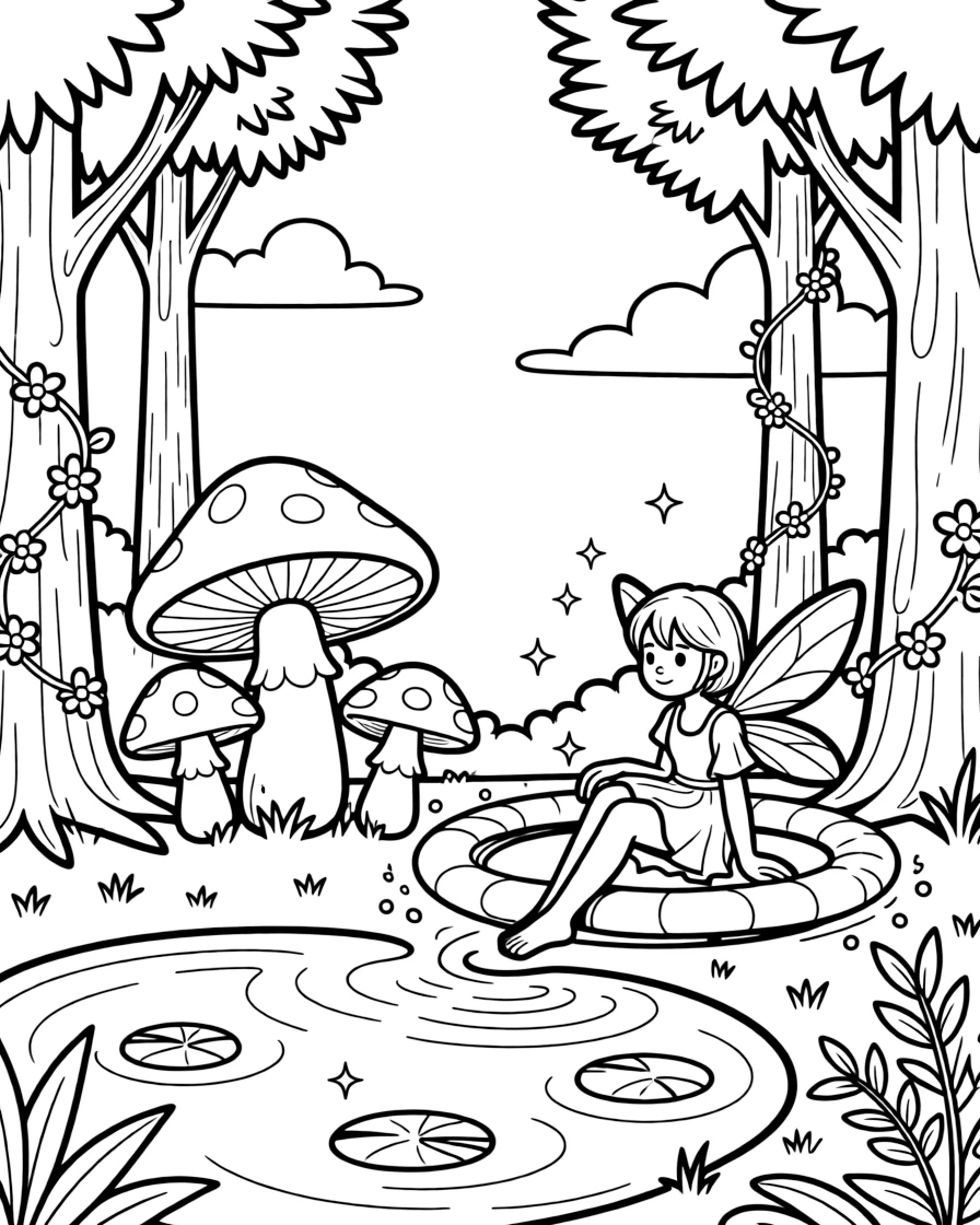[Fantasy Creatures] A dynamic scene shows a tiny woodland fairy resting beside a glowing mushroom ring beside a sparkling magical pond, smiling proudly. Close by, vines with tiny flowers wind up the trees. Soft magical sparkles surround the scene. The moment unfolds in the late afternoon, with fluffy clouds drifting overhead, filled with energetic detail perfect for a young colorist.