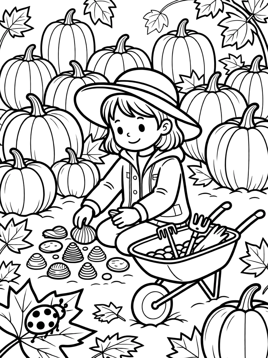 A girl in a wide sunhat is sorting seashells and pebbles by size and color in a pumpkin patch on a crisp autumn day. a curious ladybug resting on a leaf and a wheelbarrow filled with garden tools round out the happy picture.