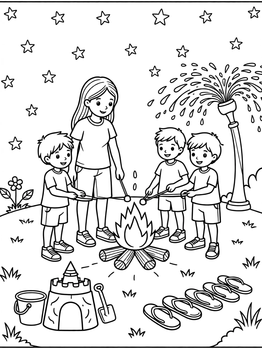 A family roasting marshmallows under the stars in a backyard with a colorful sprinkler running, with a bucket and shovel by a sandcastle and a row of colorful flip-flops nearby.