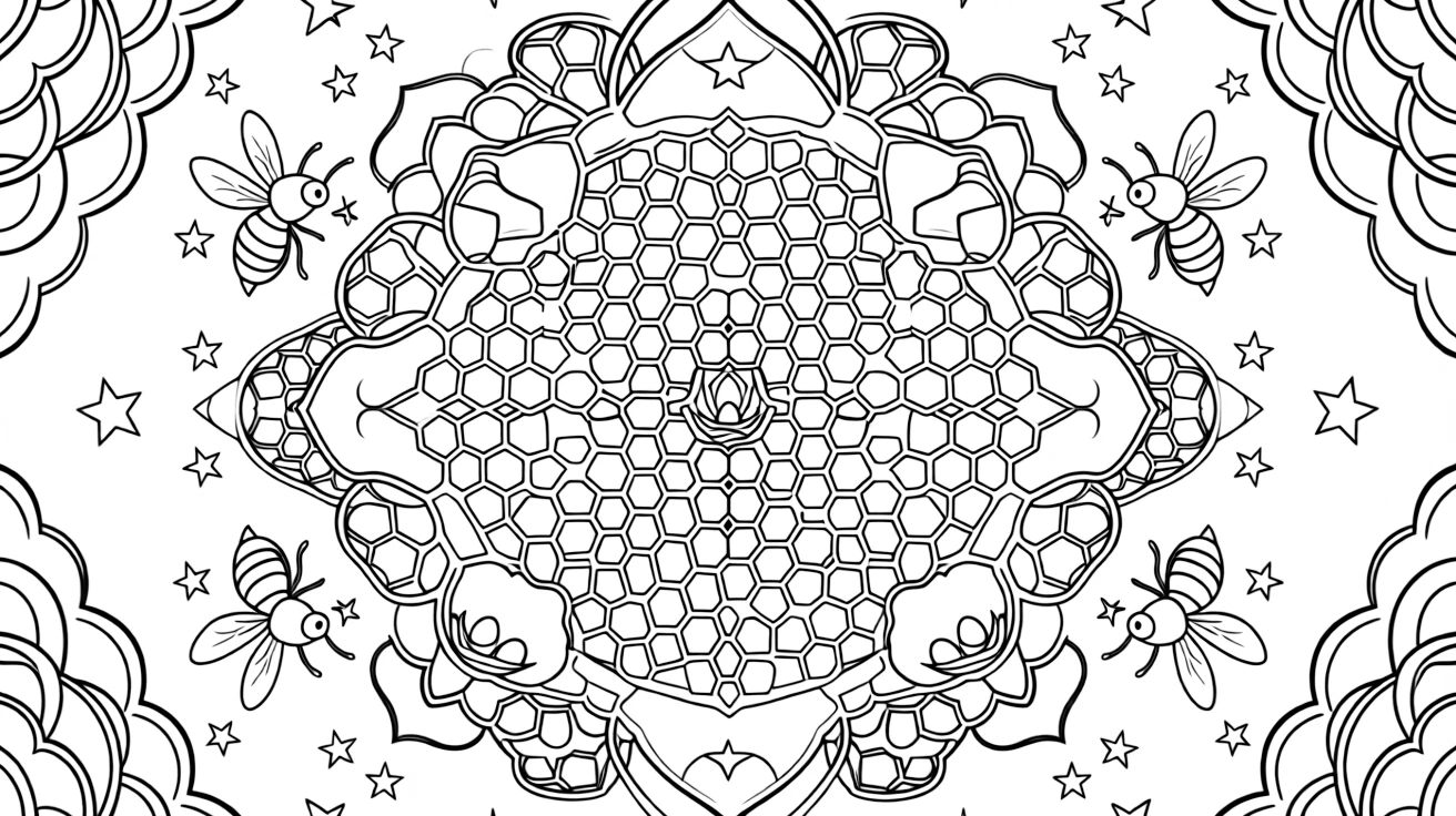 Insects & Bugs: The design turns a honeybee hovering beside a honeycomb cell into a kaleidoscope-style composition anchored by a honeycomb mandala tiled from small hexagon cells. The imagery is split into four mirrored quadrants that meet at the center, each quadrant a rotated echo of the next. Decorative details fill the surrounding space, including overlapping fish-scale textures, interlocking circle chains, and clusters of small five-point stars woven throughout the background. A playful extra touch completes the page: a tiny nest holding three small eggs tucked into the pattern.