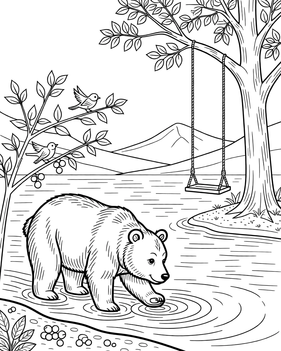 [Lakeside] A friendly bear wades into the shallows of a mountain lake, scooping up berries from the shore. Songbirds flit between branches of a tree leaning over the water's edge. A rope swing hangs from a tall tree overlooking a sandy patch of the lakeshore. The lake glows pink and gold as the sun rises slowly over the distant hills.