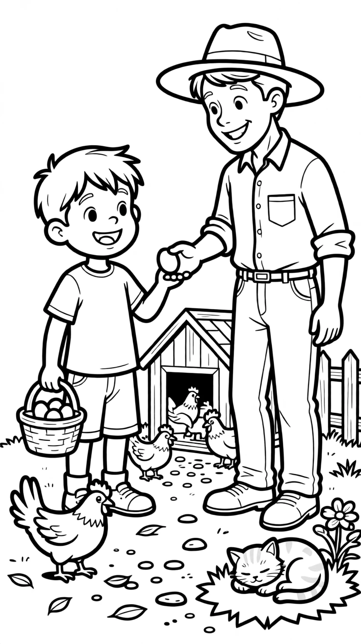 A boy with a missing front tooth collecting fresh eggs with a farmer while a kitten naps in a sunny spot.
