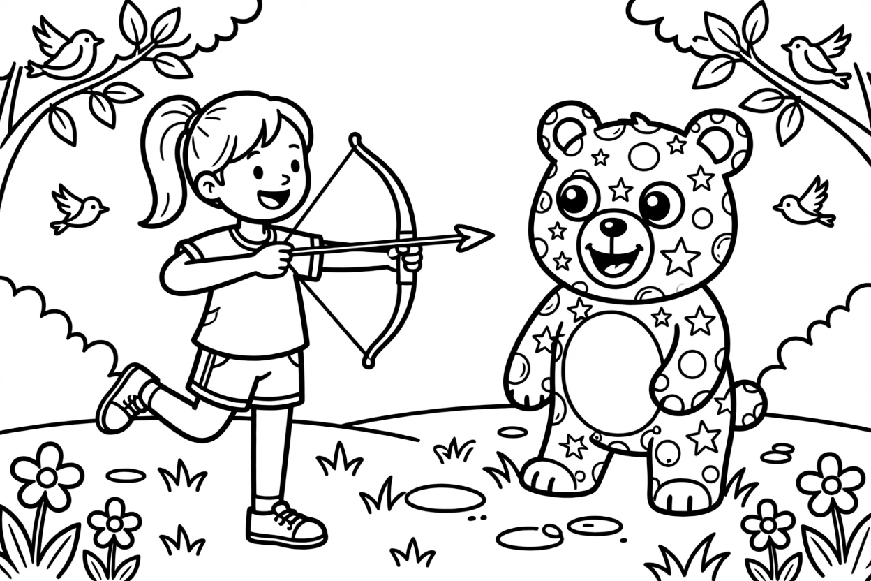An energetic girl with a big smile, aiming carefully at a target shaped like a friendly cartoon animal.