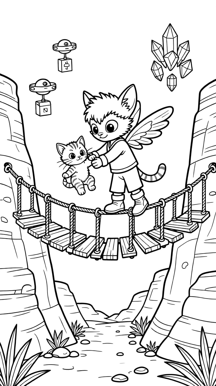 Fuzzby, a tiny winged alien creature rescuing a stranded alien kitten from a crumbling rope bridge near a red desert planet with towering rock canyons, surrounded by tiny drones buzzing around delivering packages and a cluster of floating crystals humming softly.