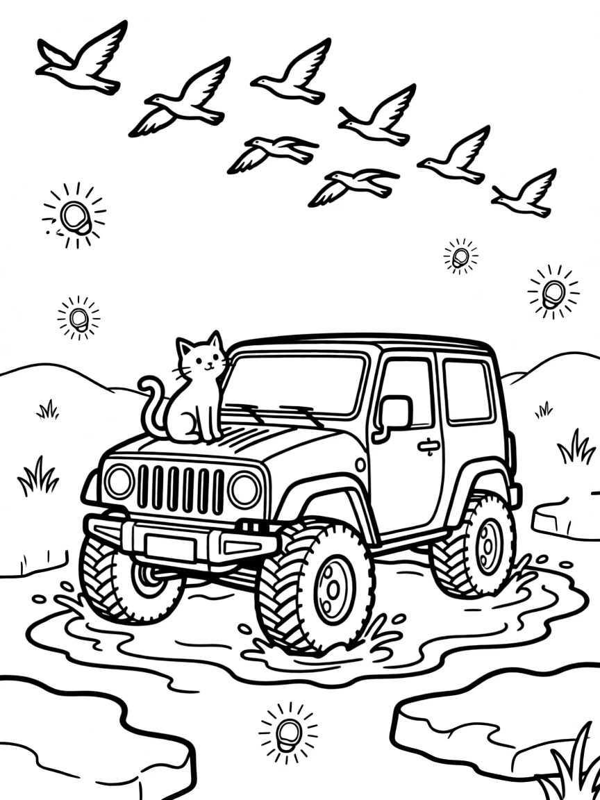 In this scene, a rugged all-terrain vehicle splashing through a mud puddle is the star of an icy arctic field with drifting chunks of blue-white ice, joined by a curious cat perched on the hood, with a flock of birds flying alongside in formation and a signal light blinking cheerfully scattered throughout for kids to color.