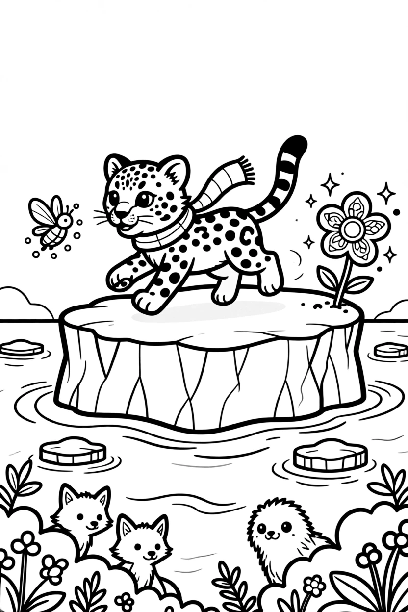 A snow leopard cub on an iceberg in the arctic sea, racing playfully alongside a firefly, next to a magical glowing flower, while baby animals peek out from the bushes.