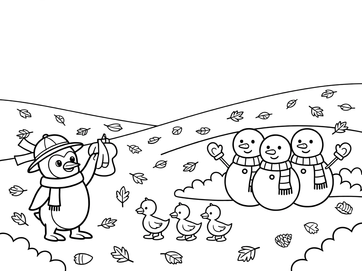 On an autumn hillside covered in falling leaves, a bright-eyed penguin explorer is busy decorating the town square for a winter celebration, cheered on by a family of ducklings waddling in a neat line and a group of snowmen wearing matching scarves. The whole scene bursts with joy and adventure.