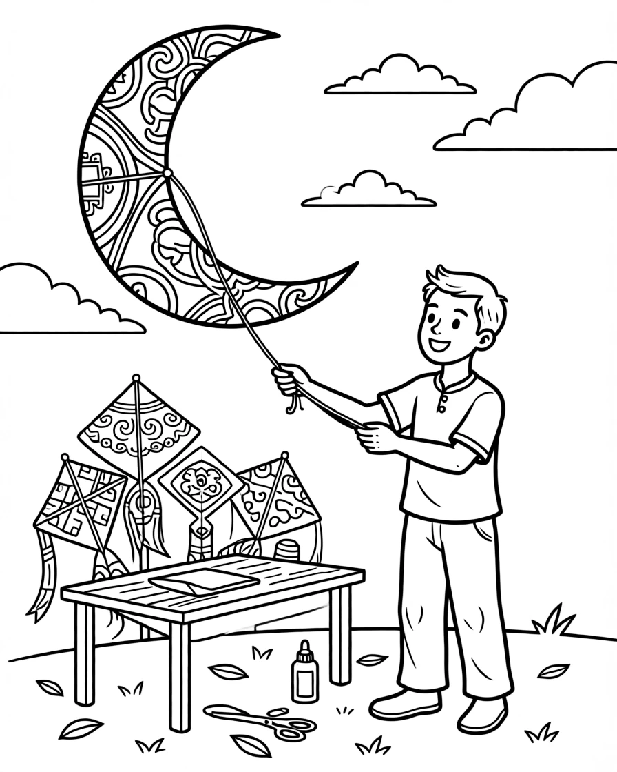A coloring page showing a creative craft moment in Malaysia: a craftsman flying a giant wau bulan moon-kite shaped like a crescent, with finished pieces displayed proudly on a nearby table.