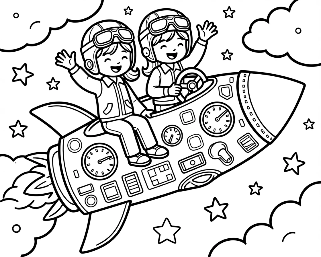 cheerful twin sisters pilot a cardboard rocket ship covered in dials and blinking paper lights.