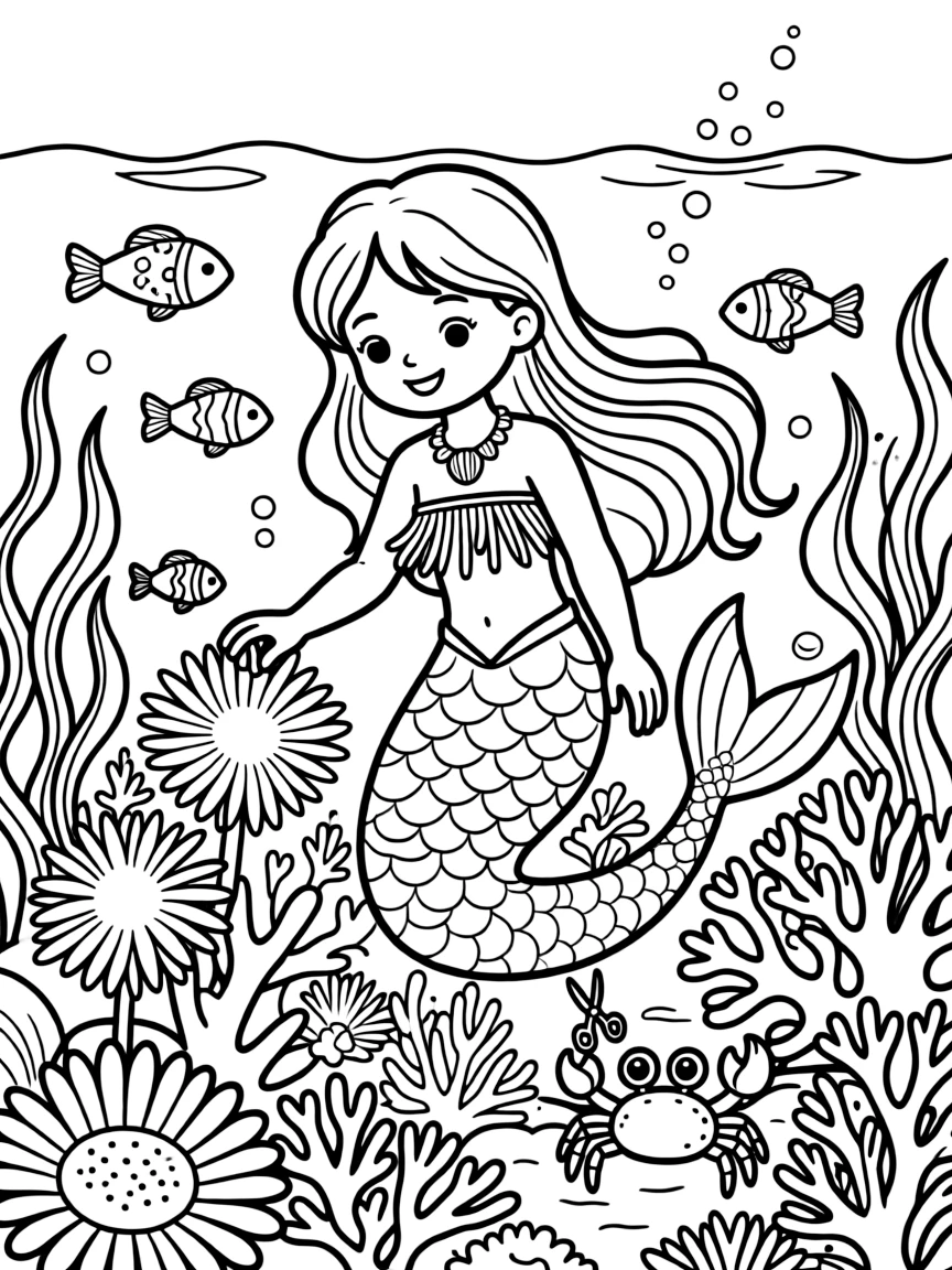 A mermaid tends an underwater garden of glowing anemones and coral, a small crab helping her trim the edges.