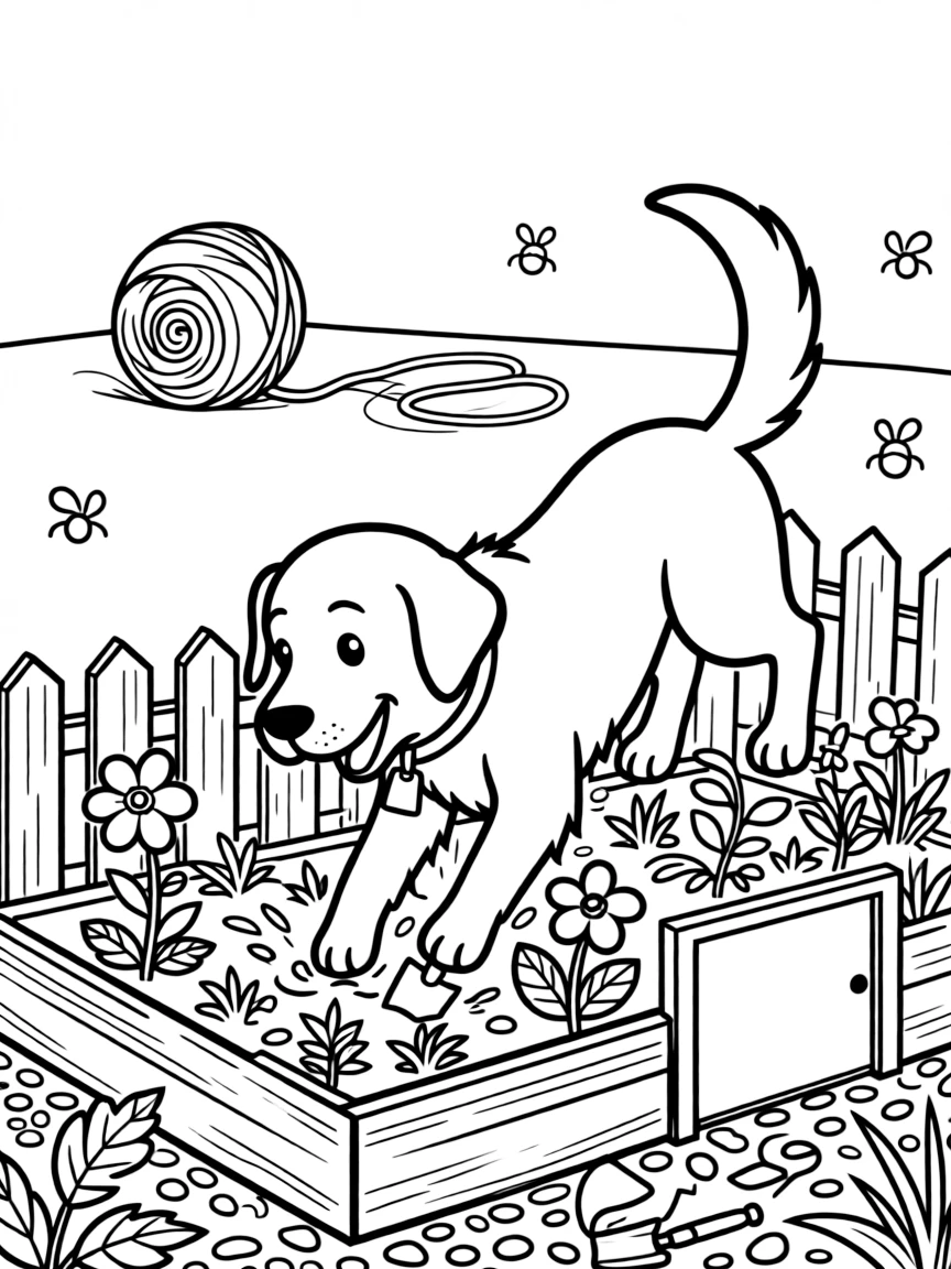 [Pets] a happy golden retriever digging in a garden bed in a fenced garden. In the background, a ball of yarn rolls across the room, adding extra fun to explore. A wagging tail adds playful motion. It all happens in the late afternoon, with fireflies beginning to glow.