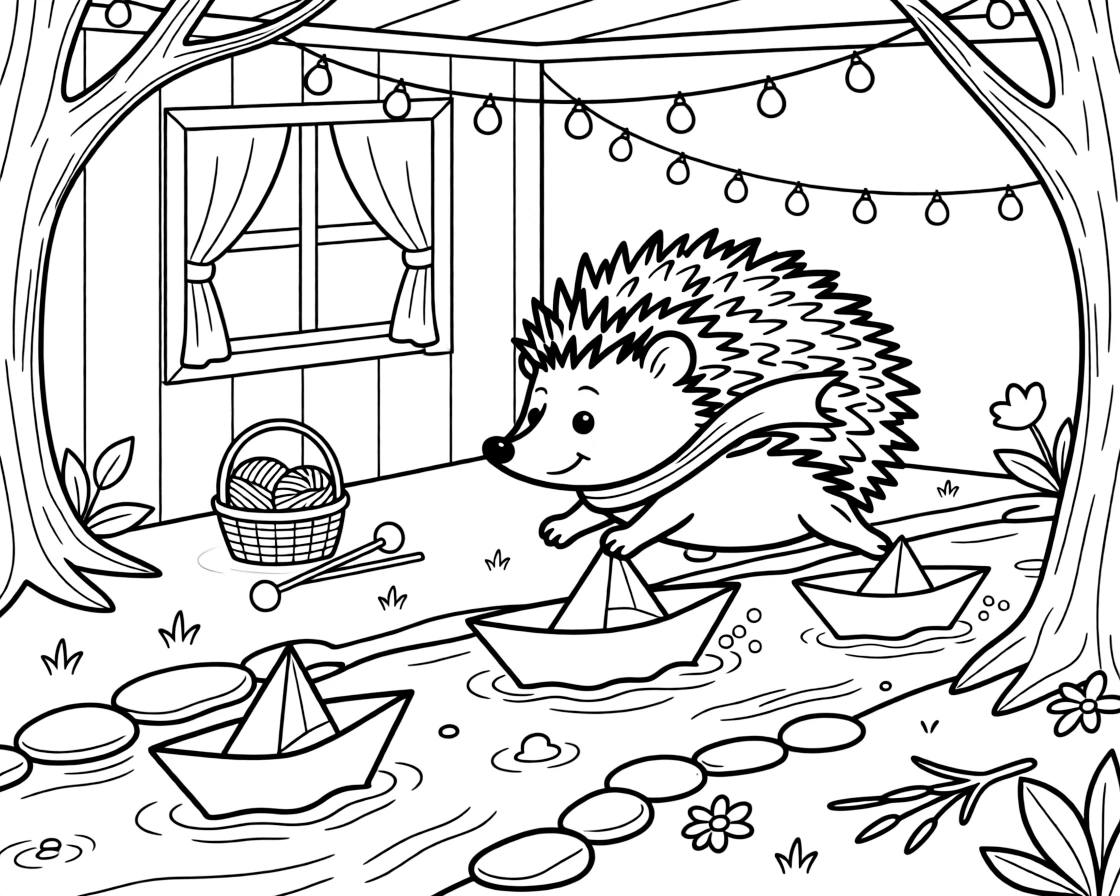 A spiky little hedgehog is racing paper boats down a bubbling brook inside a cozy treehouse strung with fairy lights. Just beyond, strings of fairy lights strung overhead and a basket of yarn and knitting needles nearby bring the scene to life.