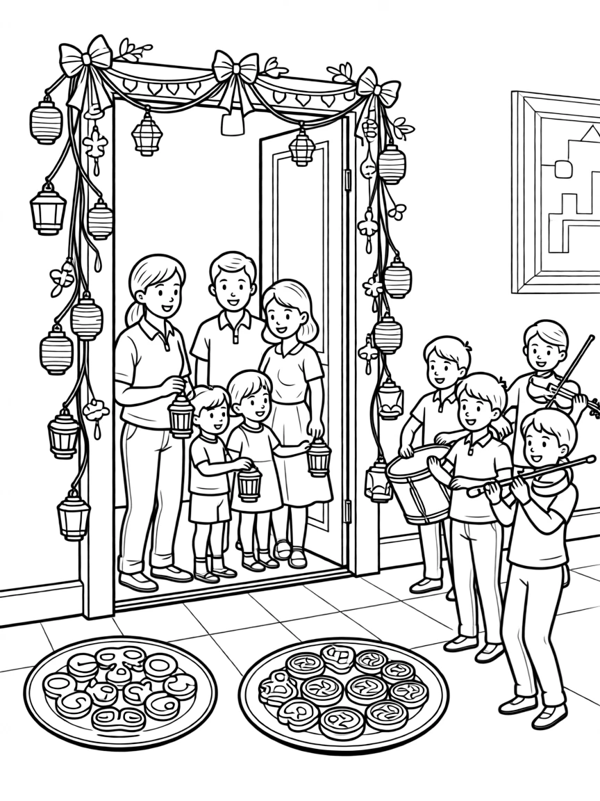A close-up of a family lighting lamps along a doorway inside a home decorated from floor to ceiling for the occasion, surrounded by a plate of traditional festive treats and musicians playing lively instruments.