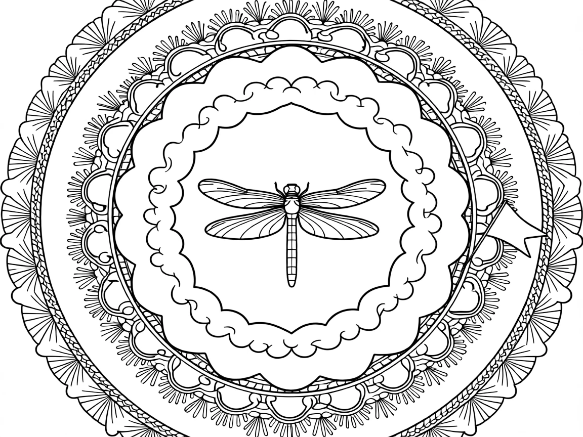 Insects & Bugs: The main subject is a dragonfly with four long slender wings, drawn as the focal point of a cloud-ring mandala made of puffy overlapping curves. It is placed at the very center of the page, with the surrounding rings growing larger and more detailed toward the outer edge. Decorative details fill the surrounding space, including rows of scalloped fan shapes, bands of braided rope shapes, and rays fanning out like a small sunburst woven throughout the background. A playful extra touch completes the page: a small flag on a stick poking out from one side of the pattern.