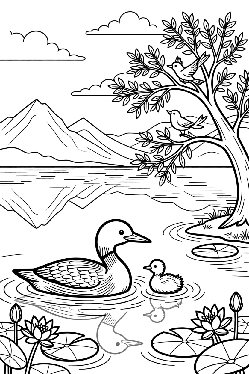 [Lakeside] A loon and her chick float peacefully near a patch of lily pads on a quiet lake. Songbirds flit between branches of a tree leaning over the water's edge. Mountains rise beyond the far shore, their peaks mirrored perfectly in the calm lake. A gentle breeze ripples the surface under a sky scattered with fluffy clouds.