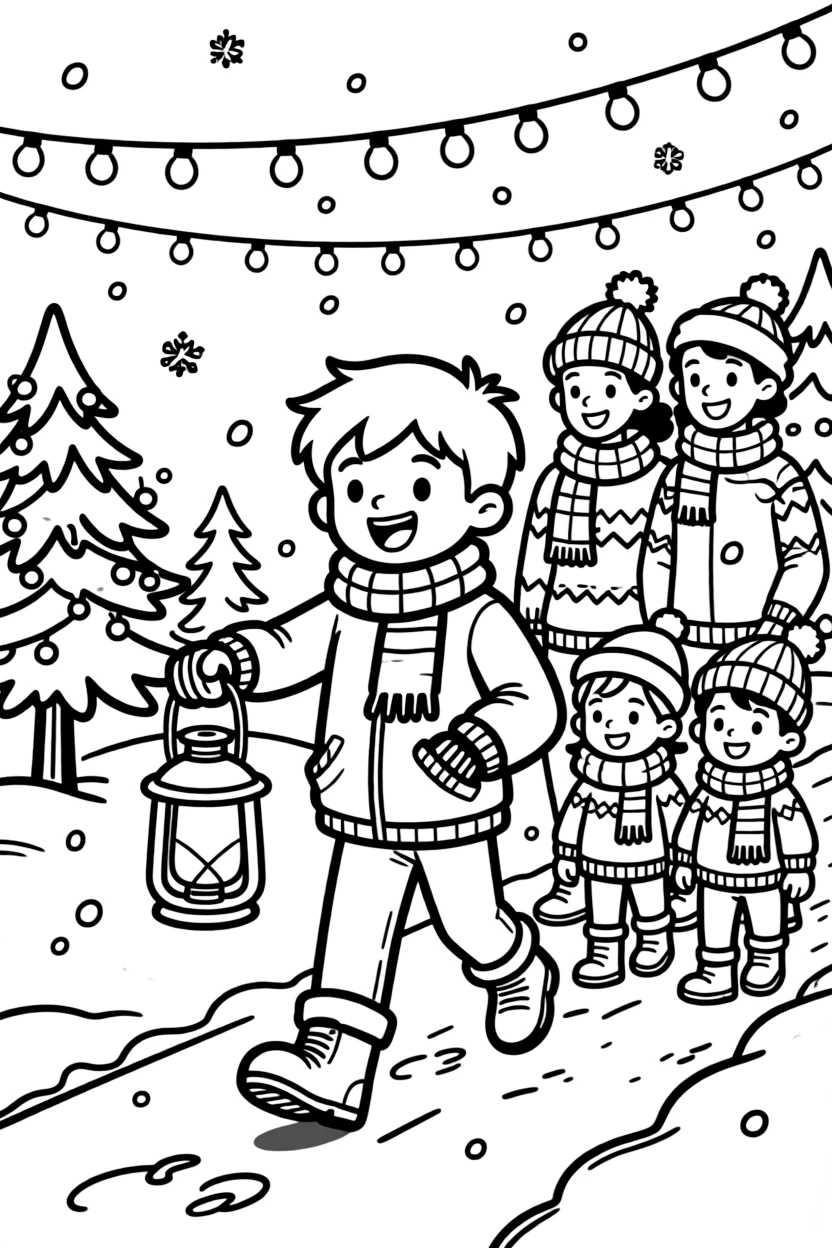 A talkative boy carrying a lantern in a nighttime parade during a winter holiday morning with a family of five with string lights twinkling overhead.