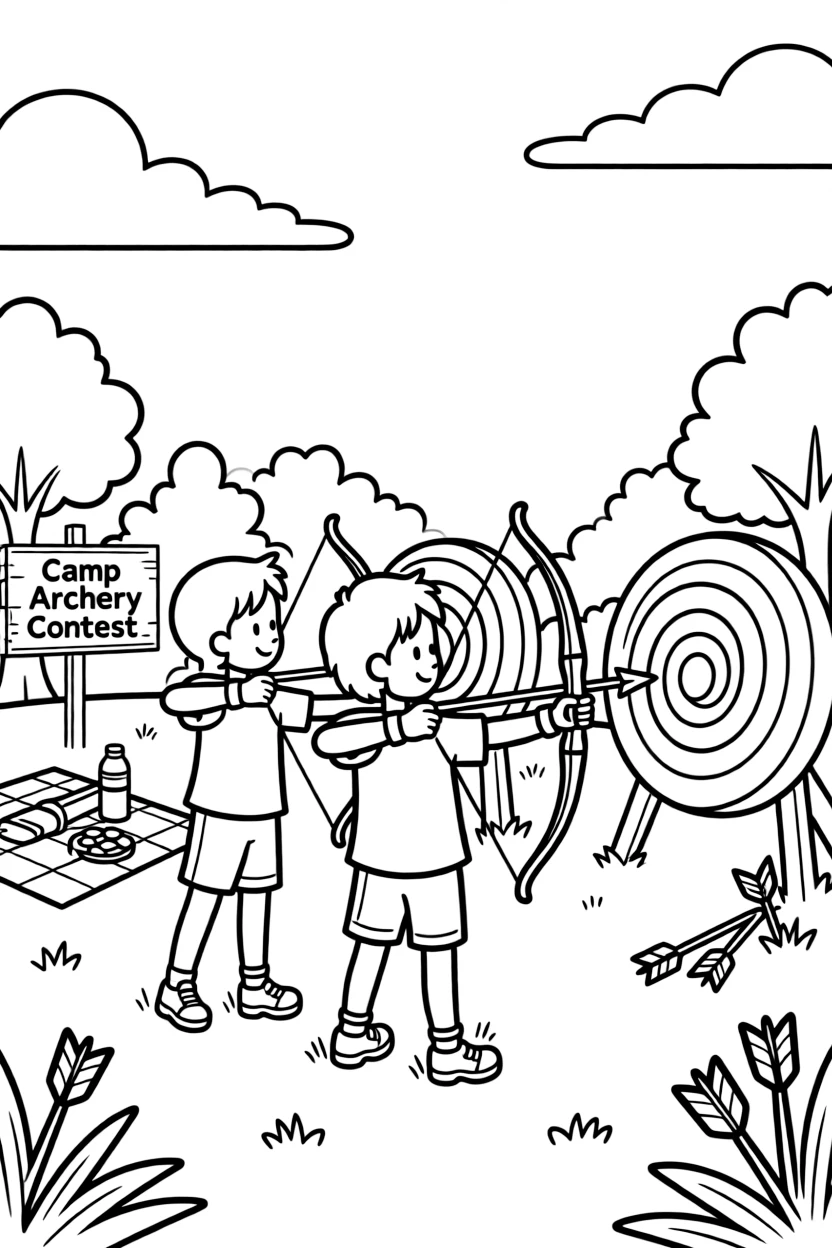 A pair of twin siblings, competing in a friendly archery contest at a summer camp field day.
