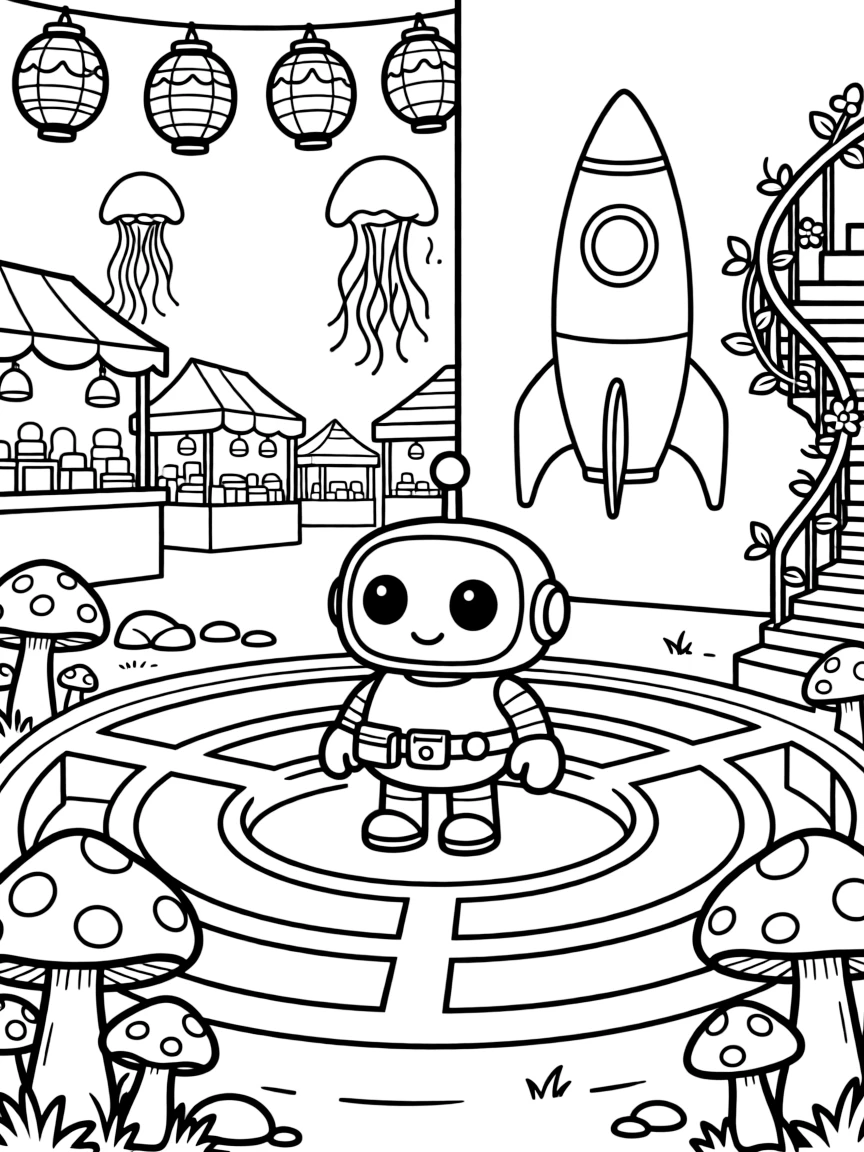 Sprocket-3, a cheerful helper robot exploring a maze of glowing mushrooms on a jungle planet in a night market lit by paper lanterns and glowing jellyfish, as a mural of a rocket ship painted on a nearby wall and a spiral staircase wrapped in glowing vines fill the scene.