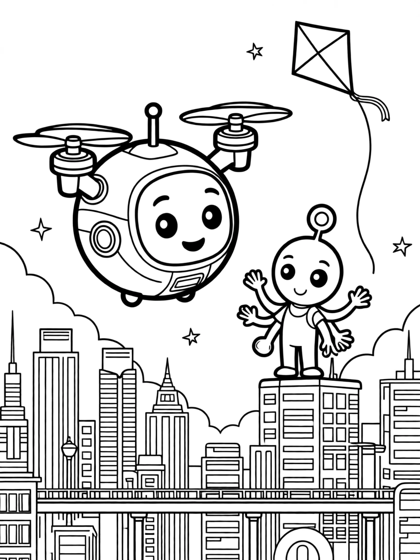 In this scene, a round robot delivery drone with spinning propellers is the star of a gleaming futuristic city skyline with towers and skywalks, joined by a friendly alien waving three tentacle-arms, with a signal light blinking cheerfully and a kite dancing in the breeze above scattered throughout for kids to color.