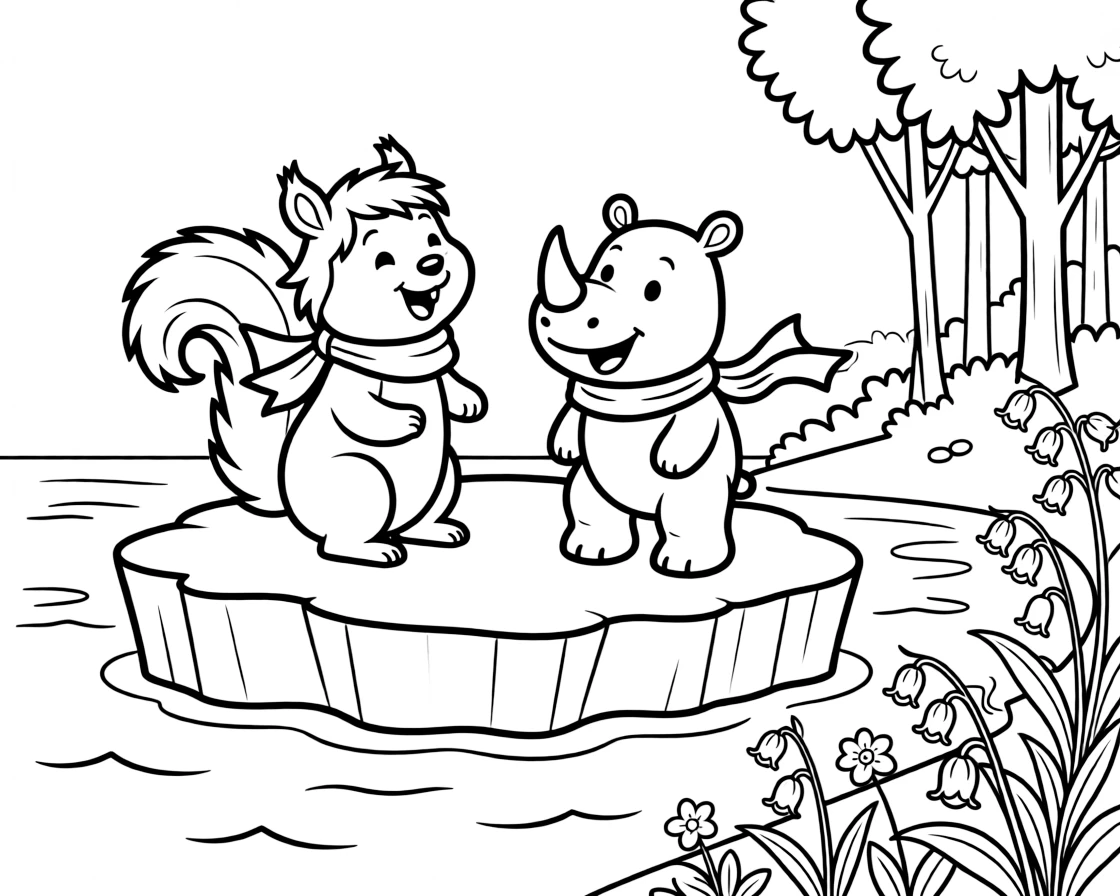A squirrel on an iceberg in the arctic sea, singing a cheerful tune with a rhino calf, next to a bluebell woodland.