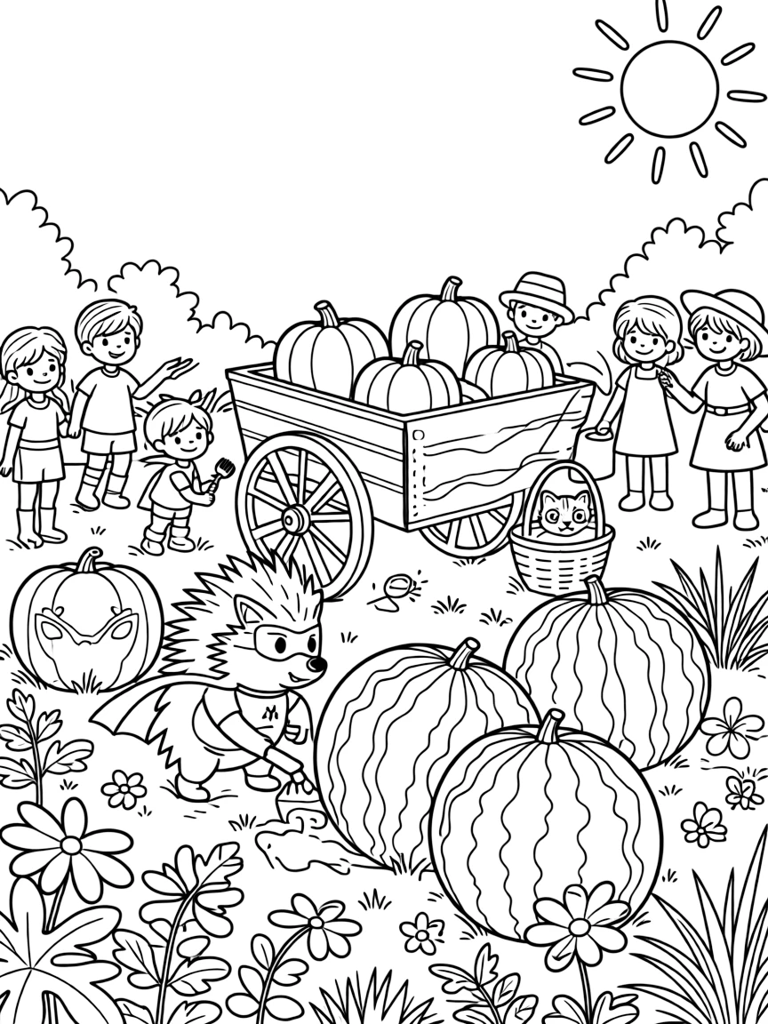 In a garden where the flowers hum little tunes, a tiny superhero hedgehog is busy growing a garden of giant, striped watermelons, cheered on by a wagon overflowing with glowing pumpkins and a curious kitten peeking out from a basket. The whole neighborhood has come out to join the fun.